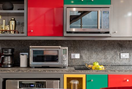 grey microwave in the colorful kitchen