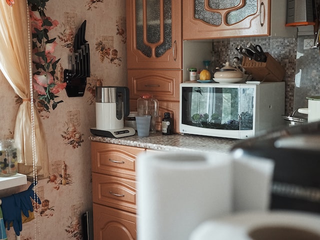 microwave on the table in the kitchen