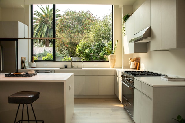 white kitchen with island and beautiful view from the windoq